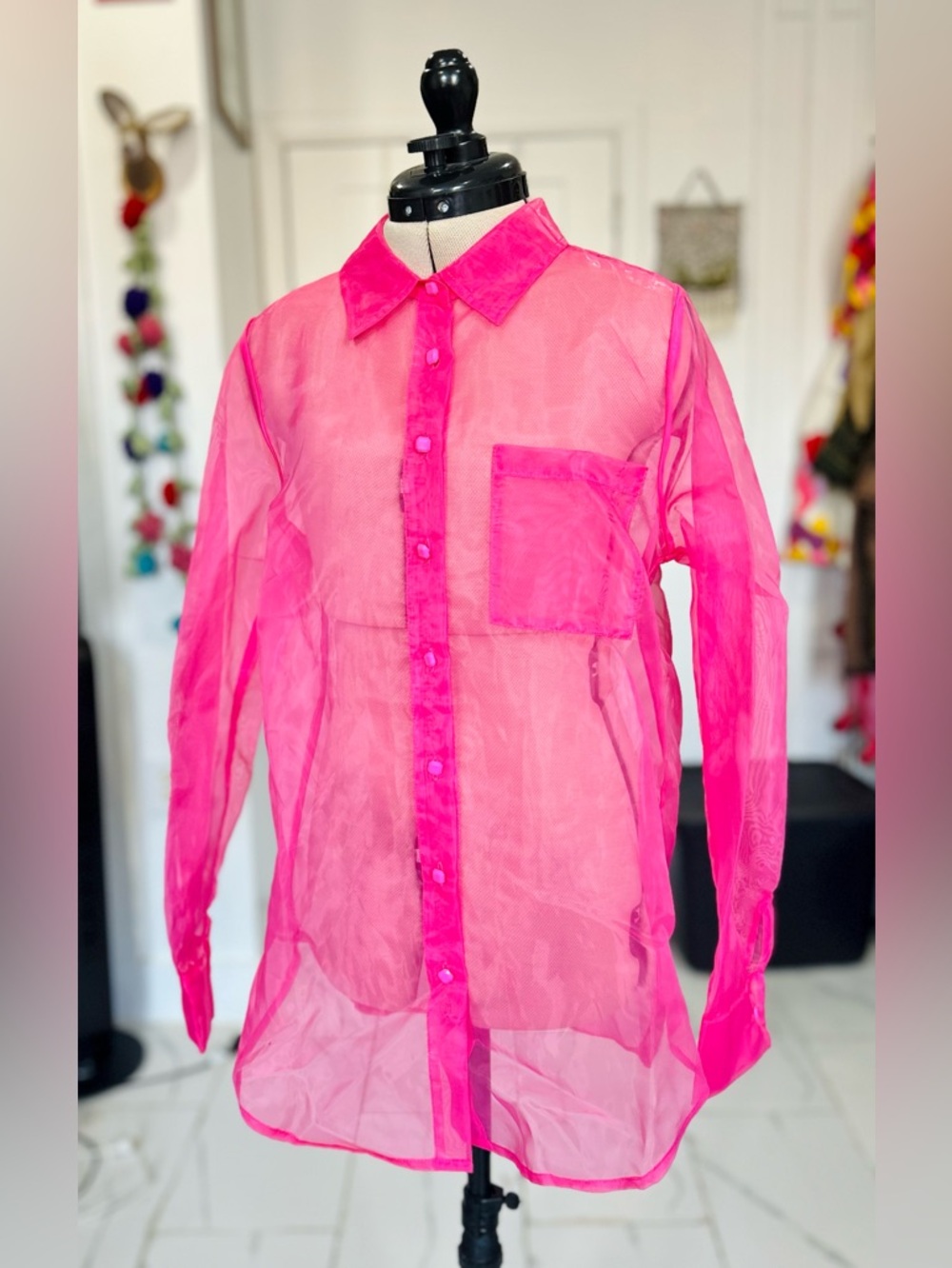 Sheer Pink Long-Sleeve Button-Up Shirt